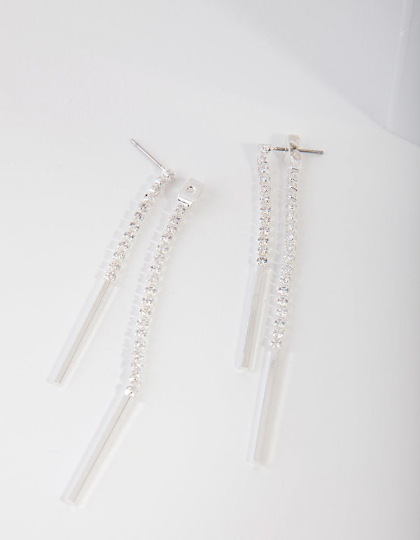 Silver Cubic Zirconia Cupchain and Bar Drop Earrings