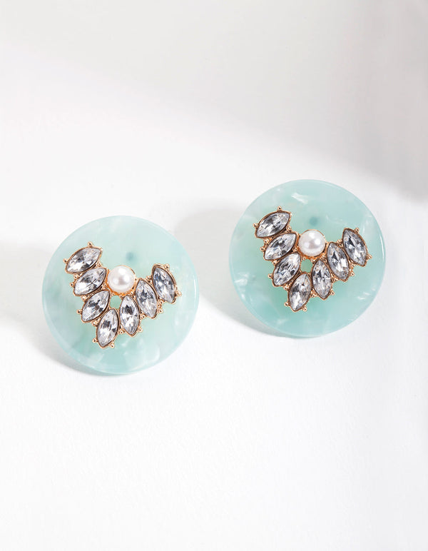 Gold Blue Jewel Acrylic Disc Stud Earrings