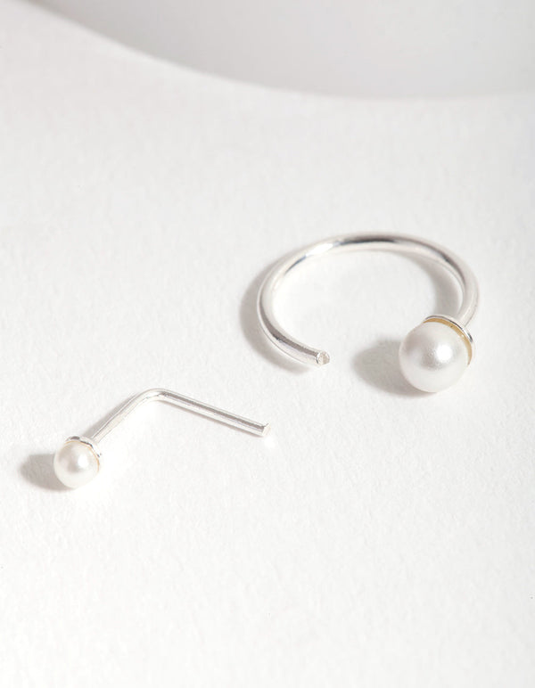 Sterling Silver Pearl Nose Stud and Ring 2 Pack