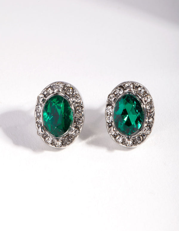 Rhodium Green Oval Jewel Earrings