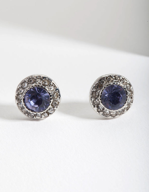 Purple Round Diamante Gem Stud Earrings