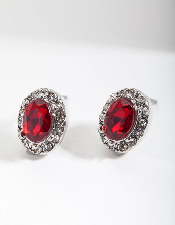 Red Diamante Oval Jewel Stud Earrings
