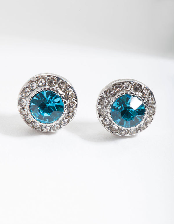 Rhodium Blue Diamante Gem Stud Earrings