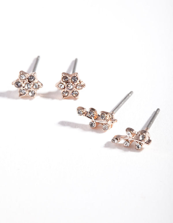 Rose Gold Diamante Flower Stud Earring 2 Pack