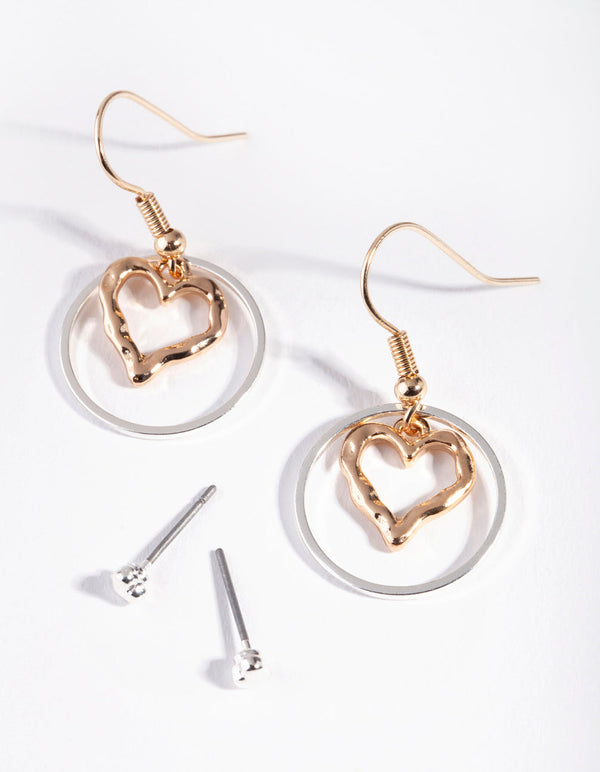 Mixed Metal Heart Ring Drop Earrings