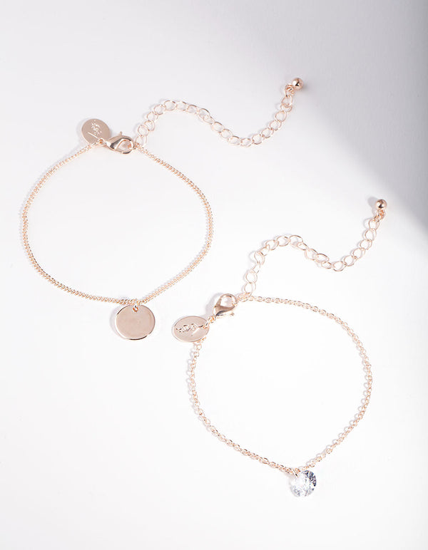 Rose Gold Diamante Disc Charm Bracelet 2 Pack