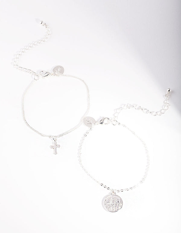 Silver Cross Coin Bracelet 2 Pack