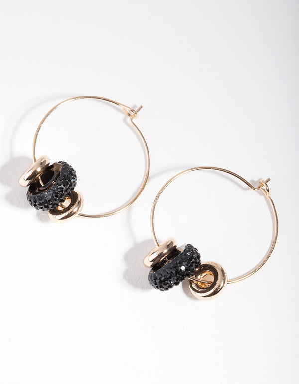 Black Round Bead Hoop Earrings