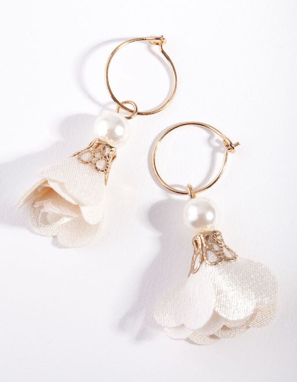 Gold White Pearl Floral Drop Earrings