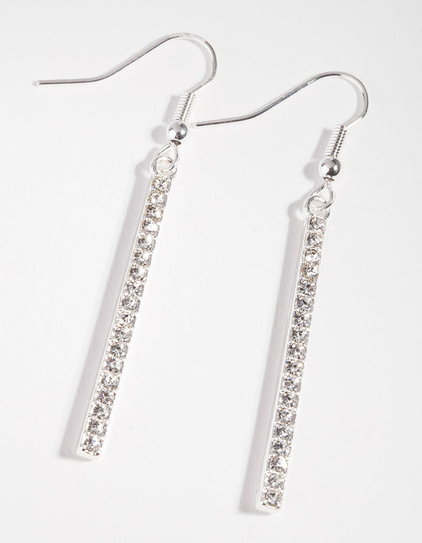 Silver Simple Stick Diamante Earrings