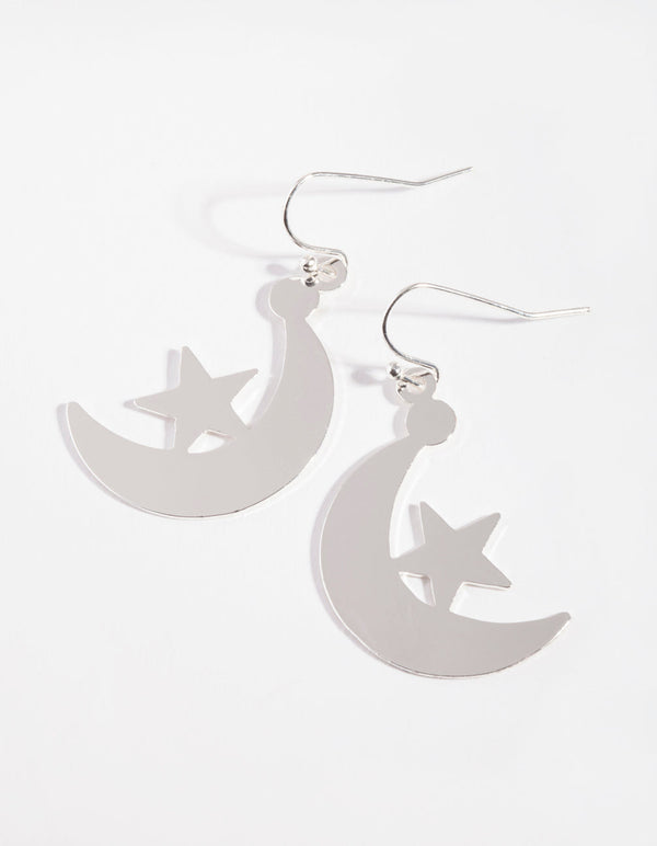 Silver Flat Moon Star Earrings