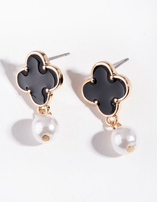 Black Mini Clover Pearl Earrings