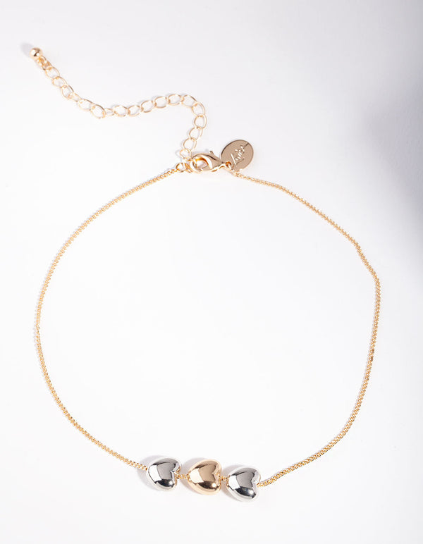 Mixed Metal Triple Heart Choker Necklace