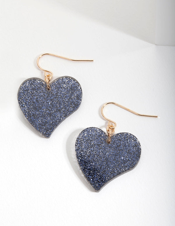 Navy Glitter Heart Drop Earrings