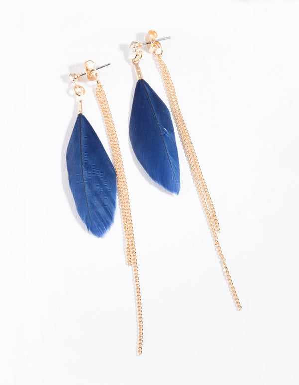 Navy Gold Feather Drop Earrings