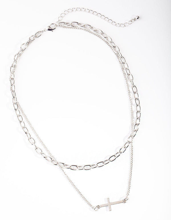 Rhodium Chain Cross Layered Necklace