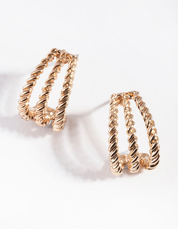 Gold Triple Rope Huggie Hoop Earrings