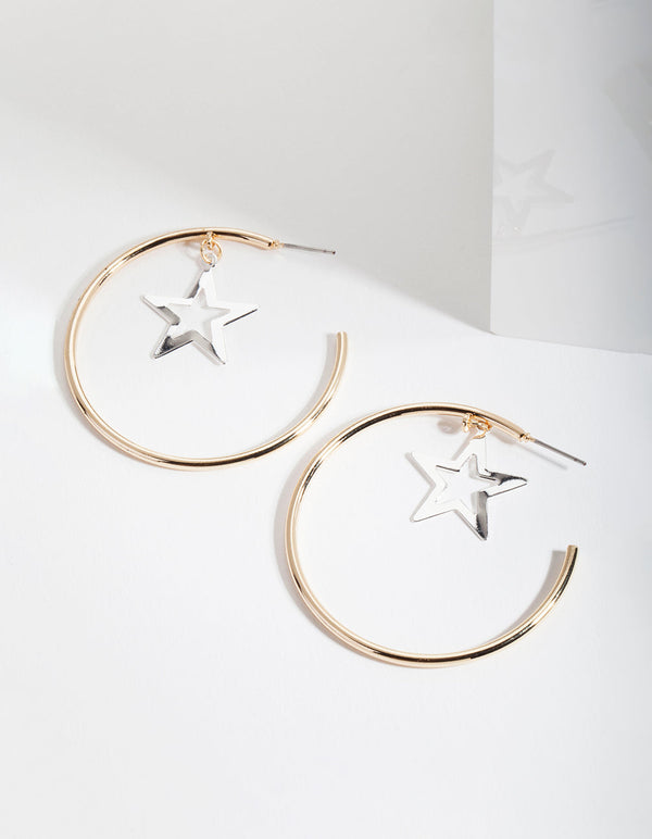 Mixed Metal Star Hoop Earrings