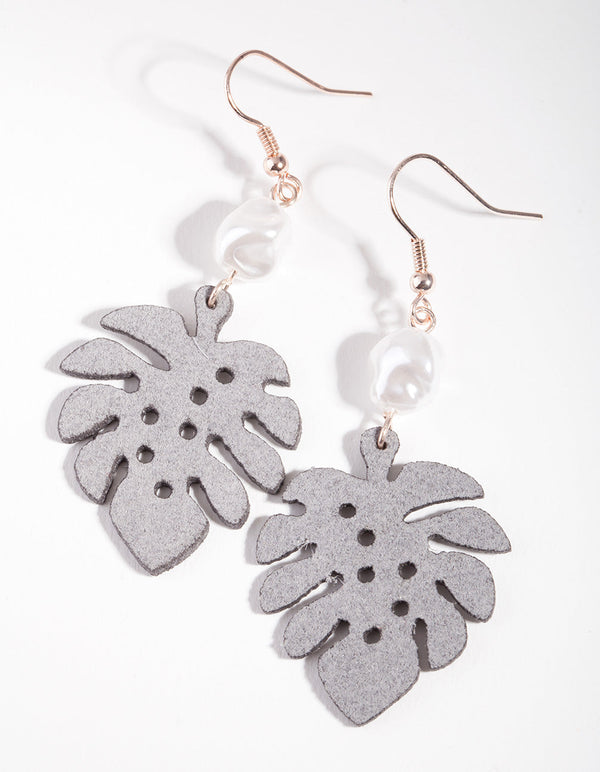 Grey Rose Gold Palm Leaf Earrings