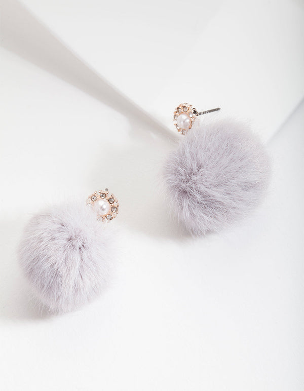 Grey Fluffy Ball Earrings