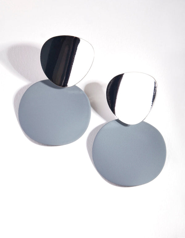 Grey Silver Curved Disc Stud Earrings