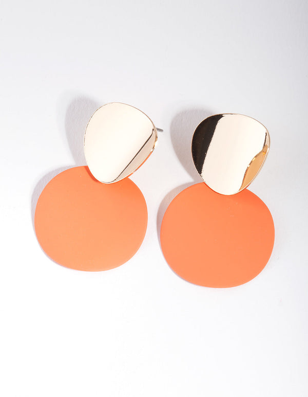 Orange Gold Curved Disc Earrings