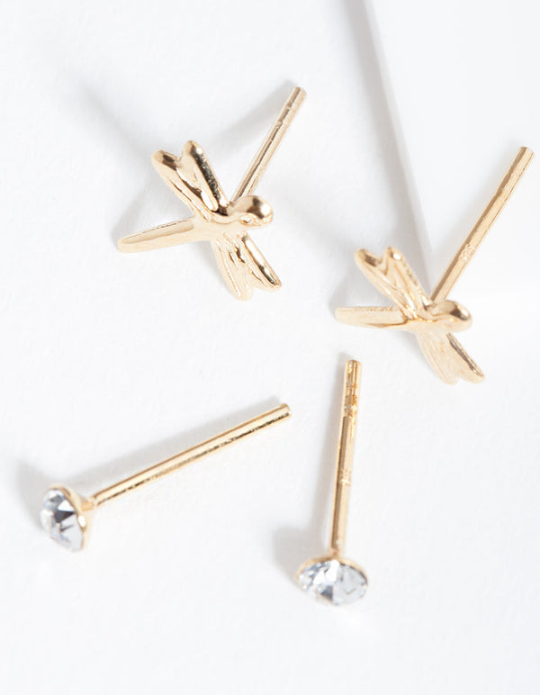 Gold Plated Sterling Silver Dragonfly Diamante Earring Pack