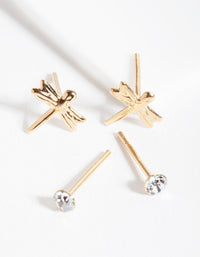 Gold Plated Sterling Silver Dragonfly Diamante Earring Pack - link has visual effect only