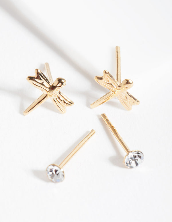 Gold Plated Sterling Silver Dragonfly Diamante Earring Pack