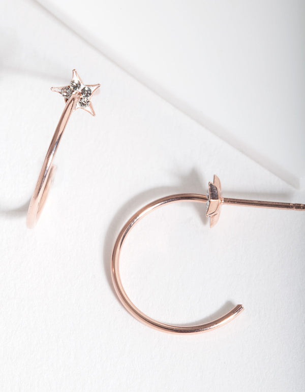 Rose Gold Plated Sterling Silver Pave Star Hoop Earrings