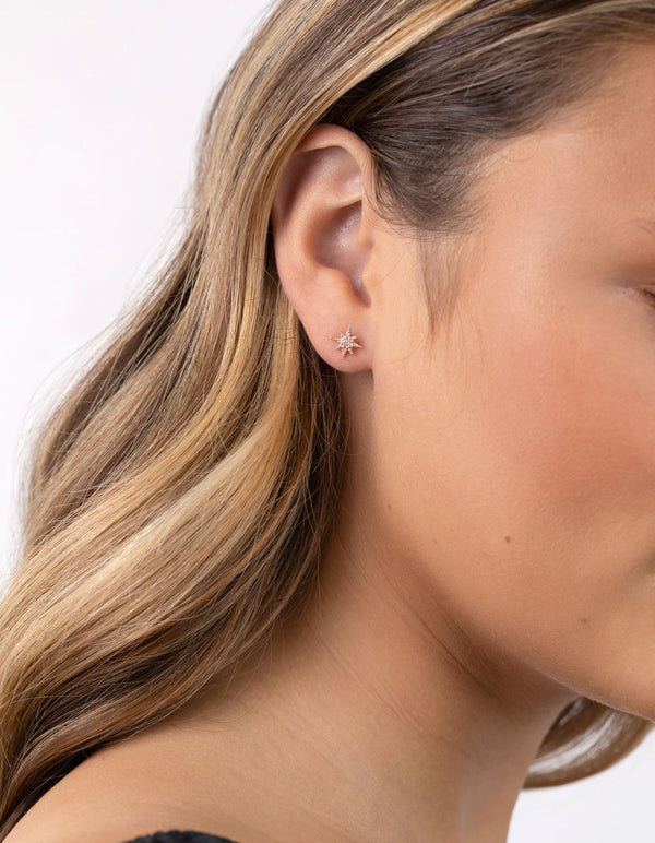 Rose Gold Plated Sterling Silver Diamante Starburst Stud Earrings