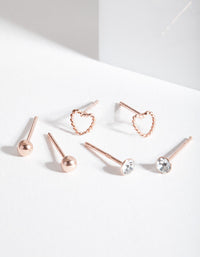 Rose Gold Plated Sterling Silver Heart Stud Earring 3 Pack - link has visual effect only