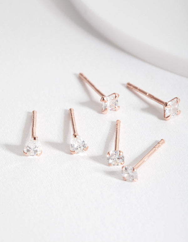 Rose Gold Plated Sterling Silver Cubic Zirconia Stud Earring 3 Pack