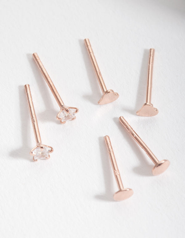 Rose Gold Plated Sterling Silver Heart Disc Stud Earring 3 Pack