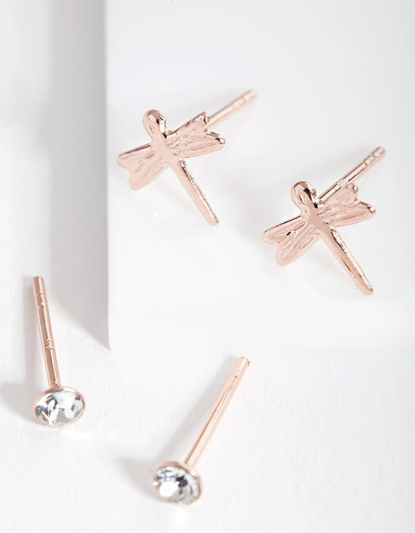 Rose Gold Plated Sterling Silver Dragonfly Stud Earring 2 Pack