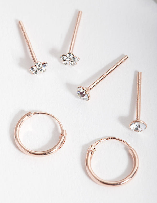 Rose Gold Plated Sterling Silver Diamante Flower Earring Pack