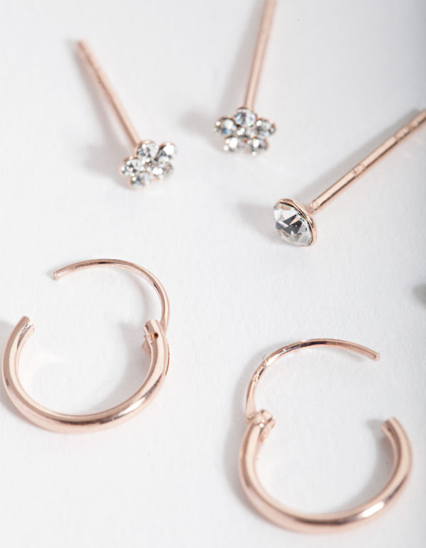 Rose Gold Plated Sterling Silver Diamante Flower Earring Pack