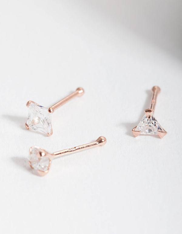 Rose Gold Plated Sterling Silver Cubic Zirconia Nose Stud 3 Pack