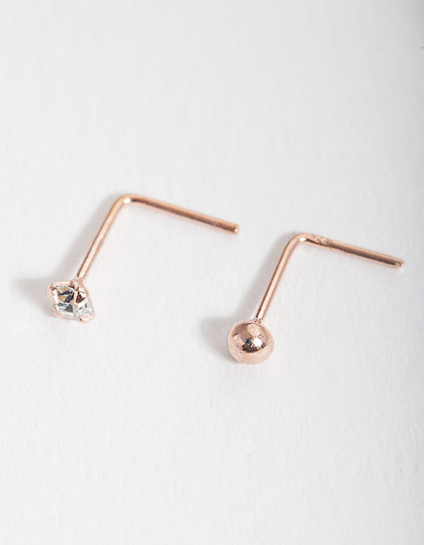Rose Gold Plated Sterling Silver Diamante Nose Stud 2 Pack