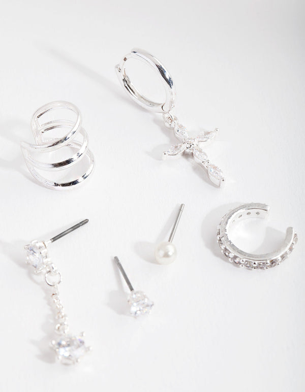 Silver Cross Cubic Zirconia Ear Stack