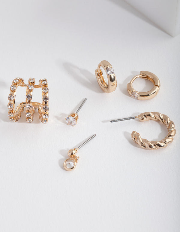 Gold Twist Cubic Zirconia Ear Stack