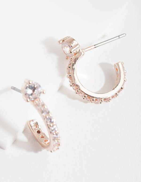 Rose Gold Cubic Zirconia Open Huggie Earrings
