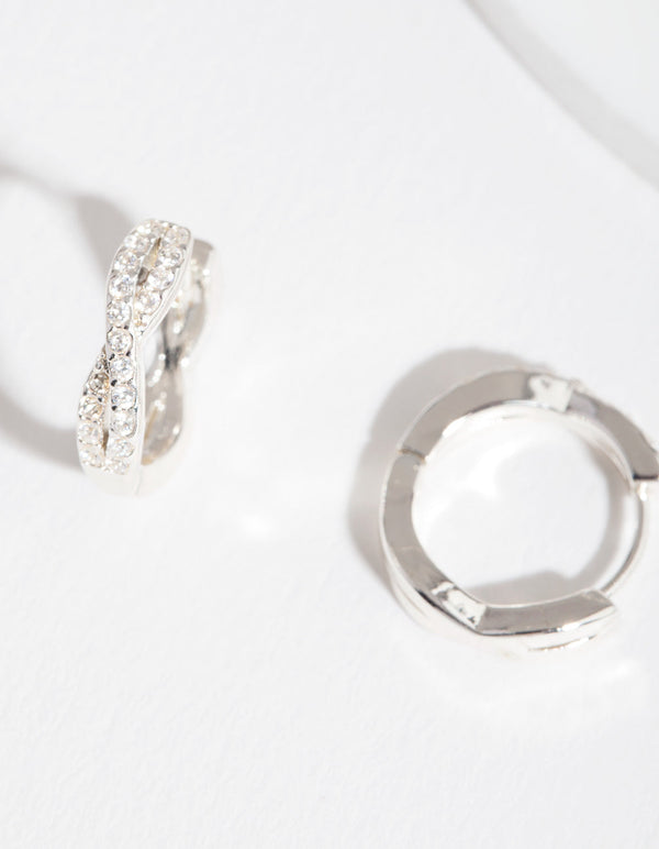 Silver Crossover Cubic Zirconia Huggie Earrings