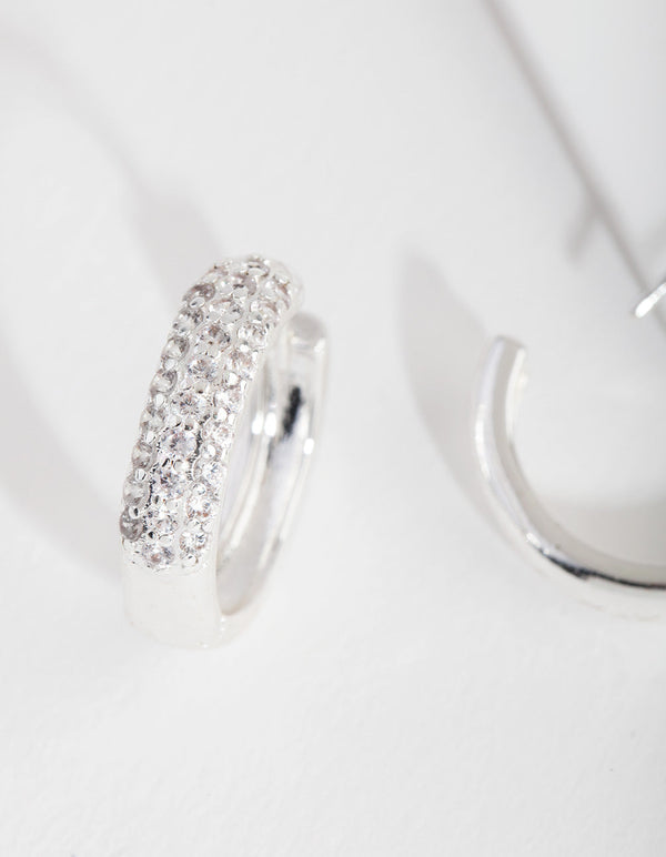 Silver Chunky Cubic Zirconia Huggie Earrings