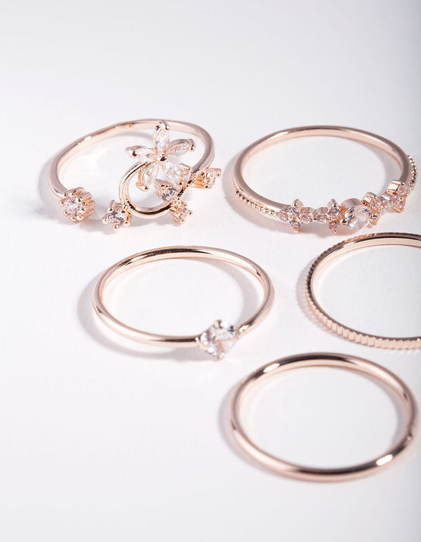 Rose Gold Cubic Zirconia Floral Ring 5 Pack