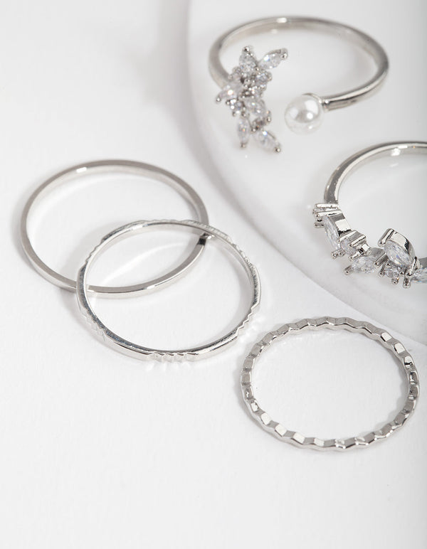 Cubic Zirconia Diamante Pearl Ring 5 Pack