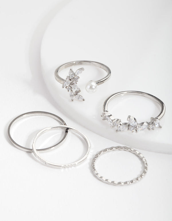 Cubic Zirconia Diamante Pearl Ring 5 Pack