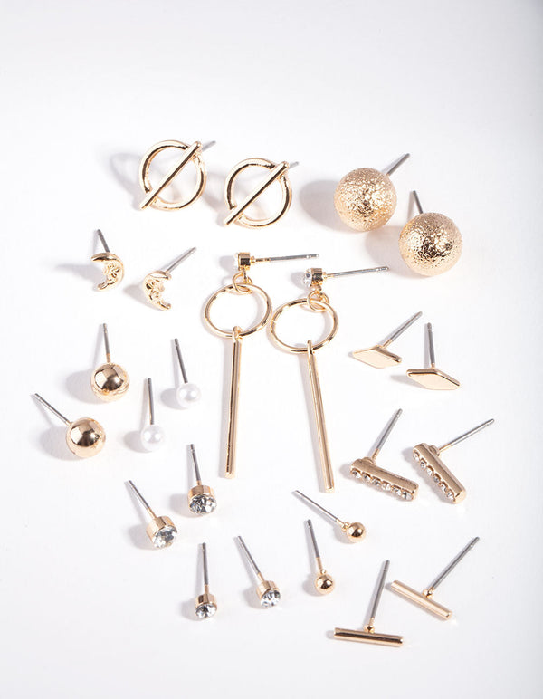 Gold Mixed Bar Charm Earring 12 Pack