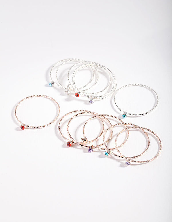 Mixed Metal Thin Textured Gem Ring Pack