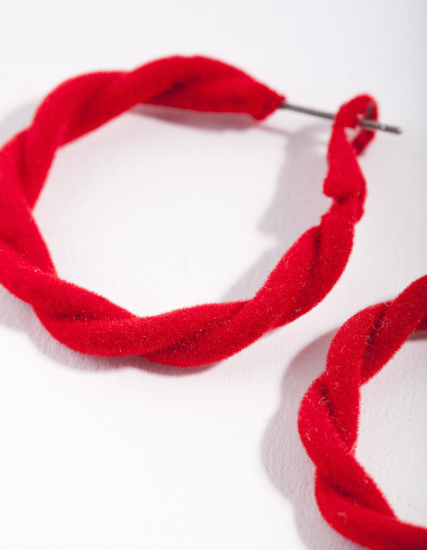 Red Fabric Twisted Hoop Earrings